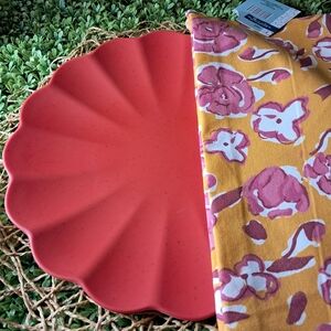NWT 4PC Red Dinner Melamine Plates w 2 PC NWT Kitchen Towels | Coordinating Set